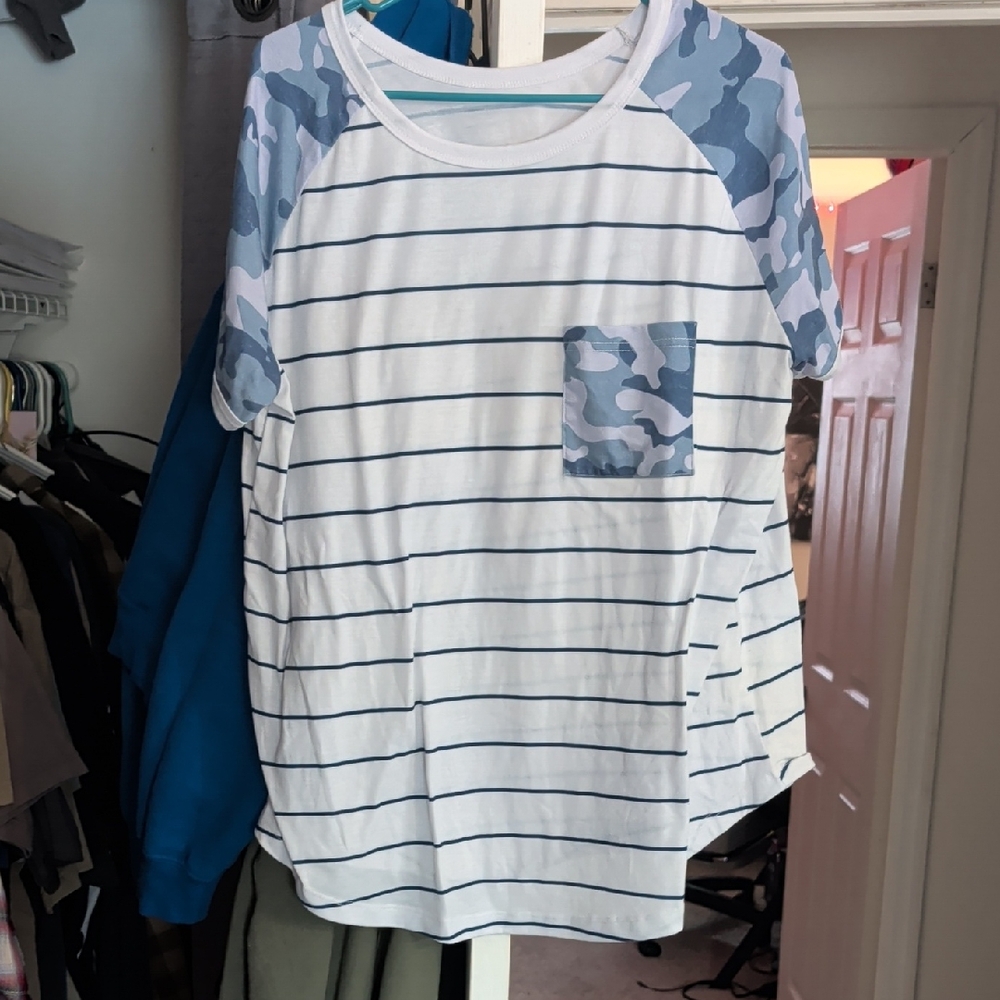 Women's Blue Striped Tee with Camouflage Accents